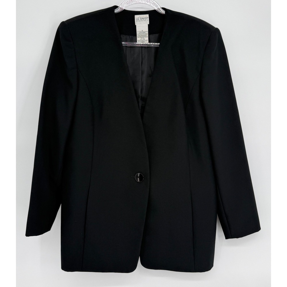 Liz Baker Essentials Womens Black Collarless Single Button Blazer Jacket Sz 16